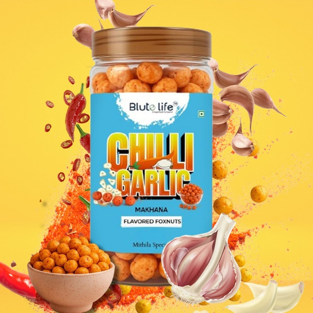 Blute Life Roasted/Flavored Chilli Garlic Makhana | High In Protein | Fibre & Calcium | 80Gm Each