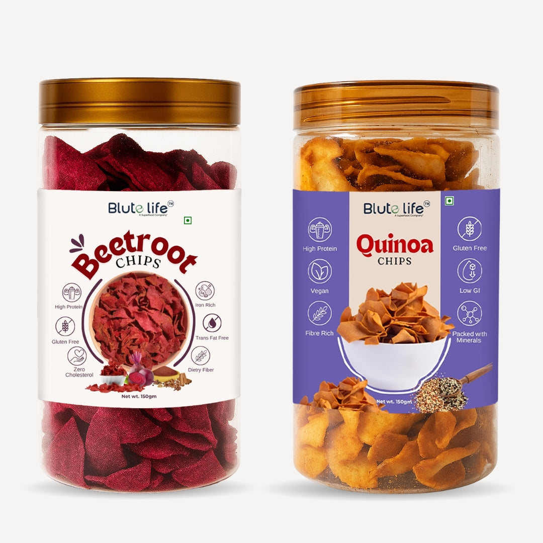Blute Life BeetRoot & Quinoa Chips Combo | No Palm Oil | High In Fibre | Calcium & Protein | Reusable Jar | 150g Each