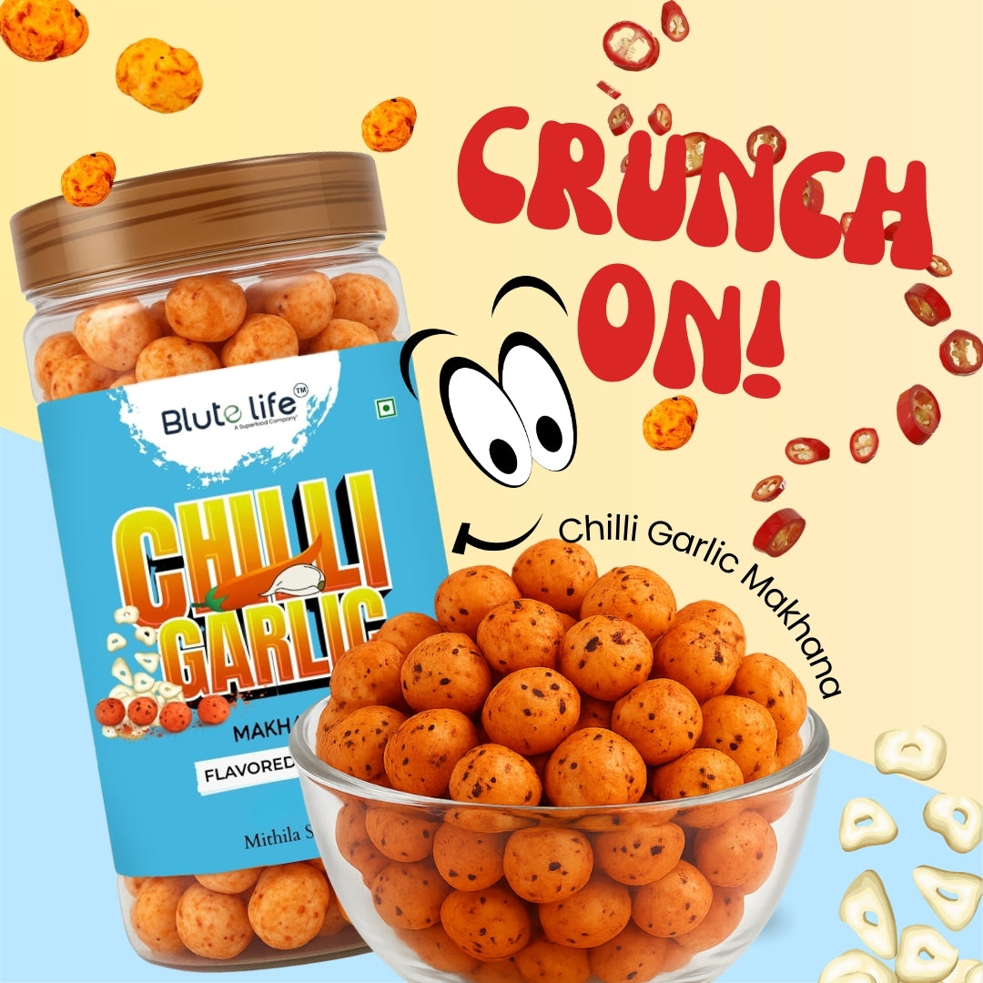 Blute Life Roasted/Flavored Chilli Garlic Makhana | High In Protein | Fibre & Calcium | 80Gm Each