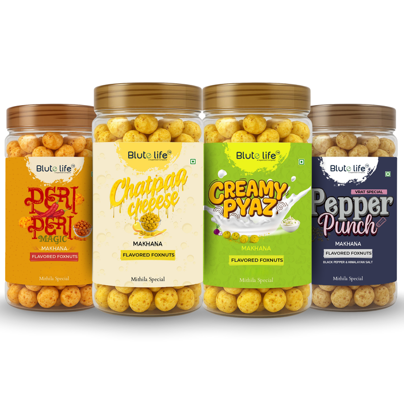 Blute Life Roasted Makhana Combo 320g | No Palm Oil | High In Fibre | Calcium & Protein | Reusable Jar | 80g Each