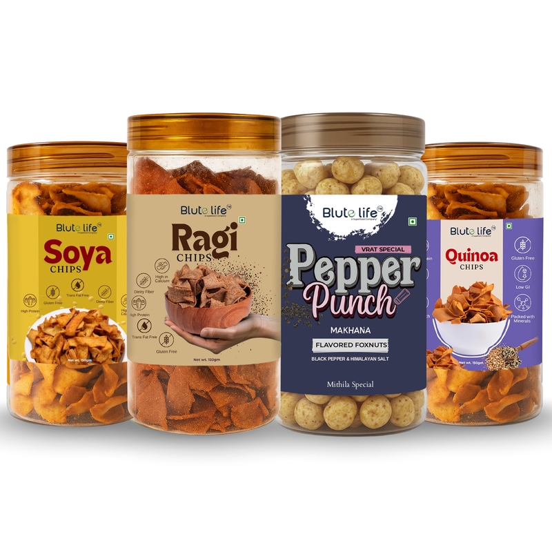 Blute Life Roasted Makhana & Millet Chips Combo 560g | No Palm Oil | High In Fibre | Calcium & Protein | Reusable Jar | 150g & 80g Each