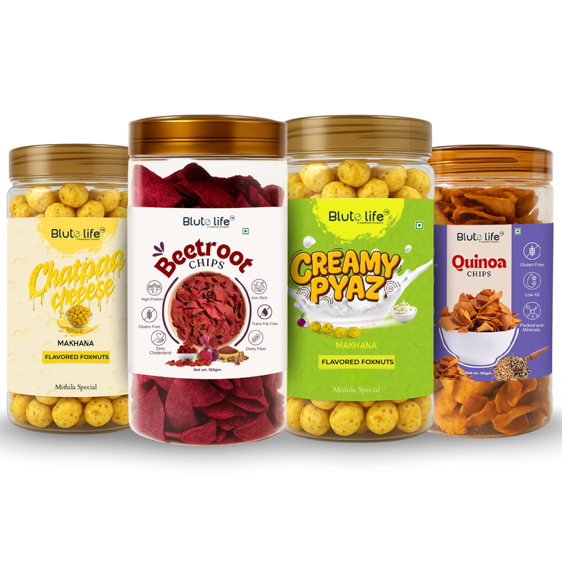 Blute Life Roasted Makhana & Millet Chips Combo 560g | No Palm Oil | High In Fibre | Calcium & Protein | Reusable Jar | 150g & 80g Each