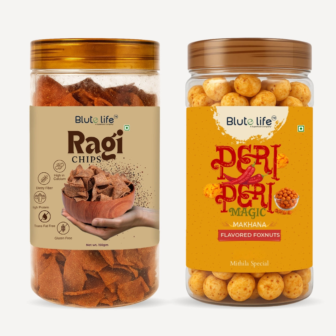 Blute Life Peri Peri Makhana & Ragi Chips Combo | No Palm Oil | High In Fibre | Calcium & Protein | Reusable Jar | 150g Each
