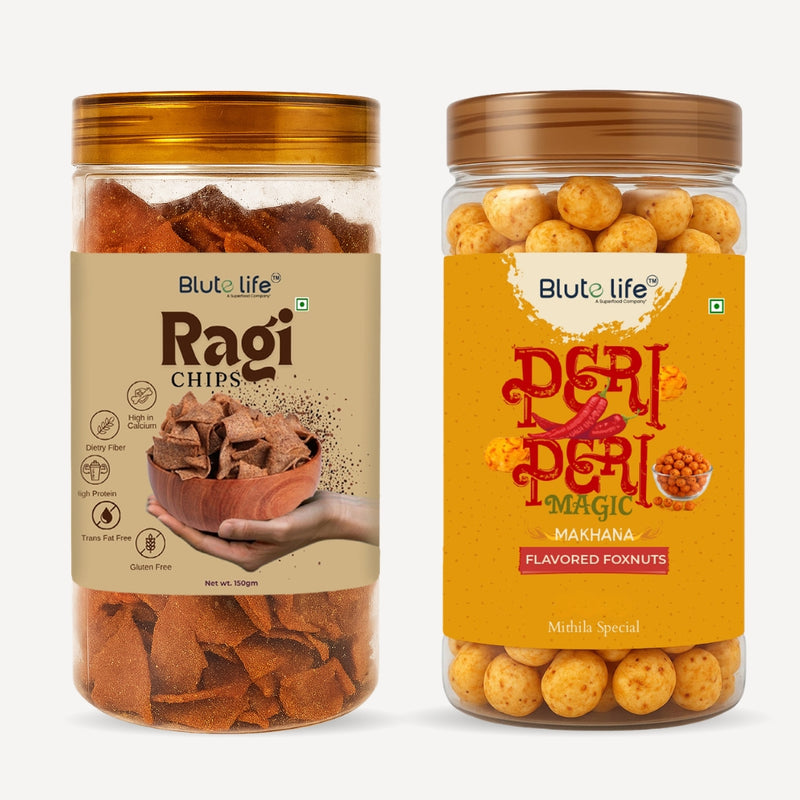 Blute Life Peri Peri Makhana & Ragi Chips Combo | No Palm Oil | High In Fibre | Calcium & Protein | Reusable Jar | 150g Each