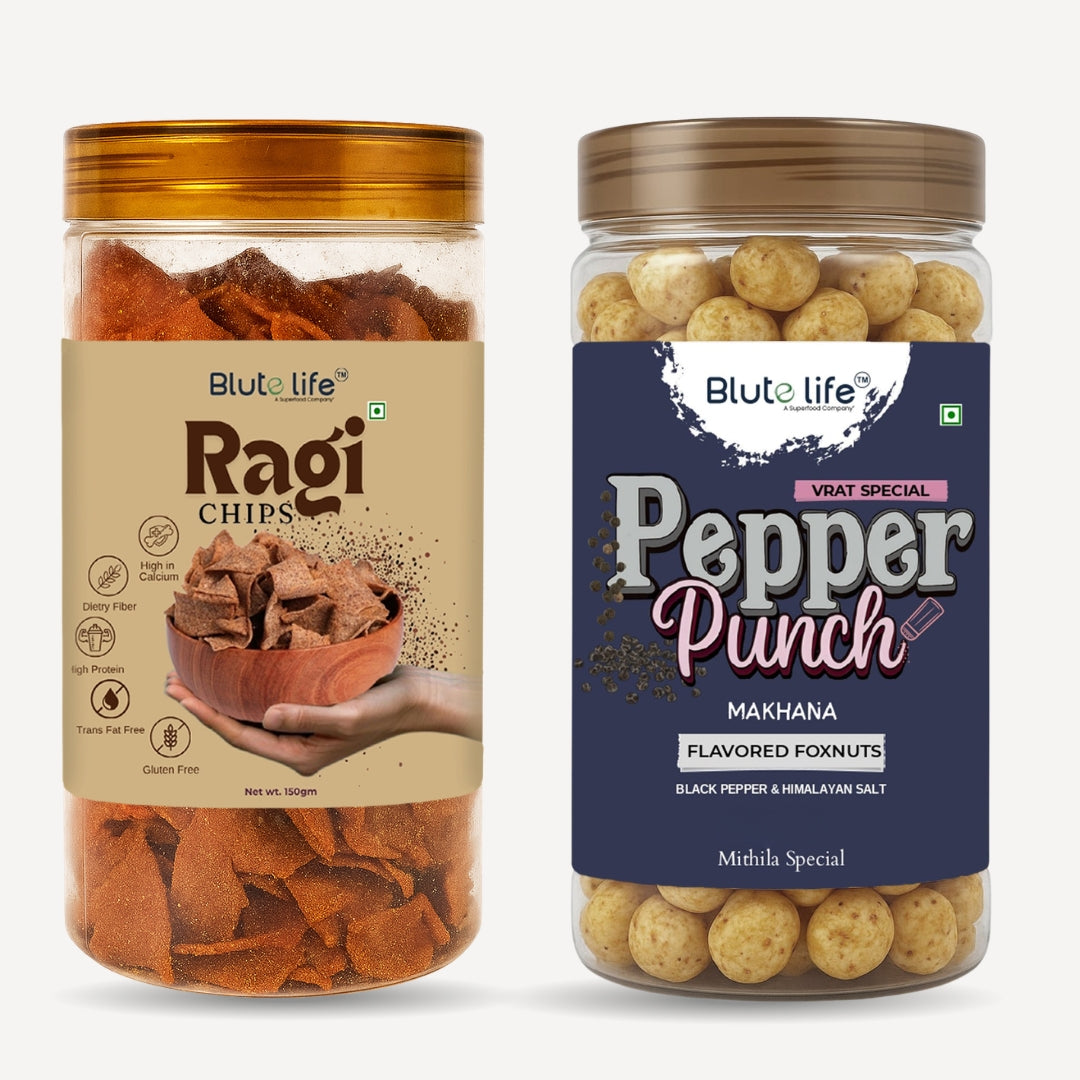 Blute Life Pepper Punch Makhana & Ragi Chips Combo | No Palm Oil | High In Fibre | Calcium & Protein | Reusable Jar | 150g Each