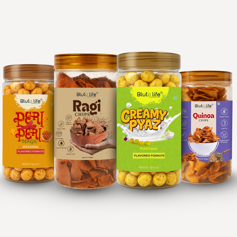 Blute Life Roasted Makhana & Millet Chips Combo 560g | No Palm Oil | High In Fibre | Calcium & Protein | Reusable Jar | 150g & 80g Each