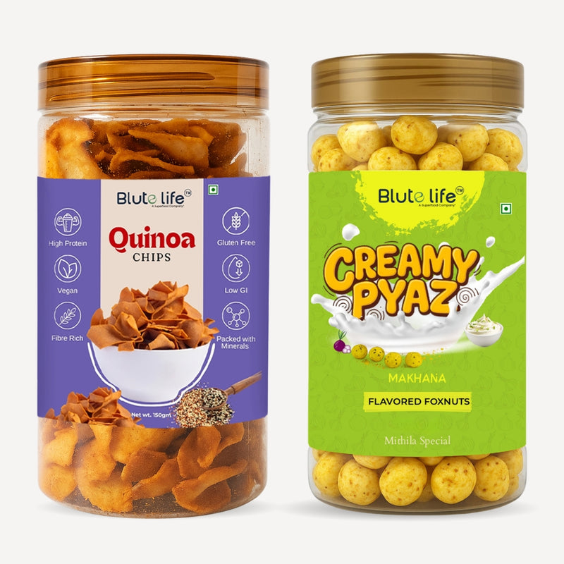 Blute Life Creamy Pyaz Makhana & Quinoa Chips Combo | No Palm Oil | High In Fibre | Calcium & Protein | Reusable Jar | 150g Each