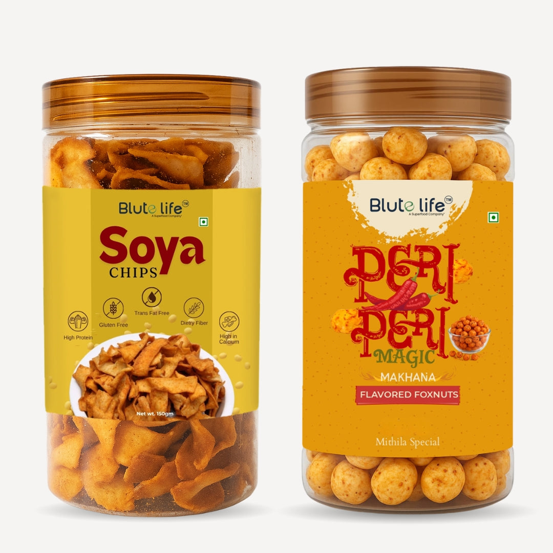 Blute Life Peri Peri Makhana & Soya Chips Combo | No Palm Oil | High In Fibre | Calcium & Protein | Reusable Jar | 150g Each